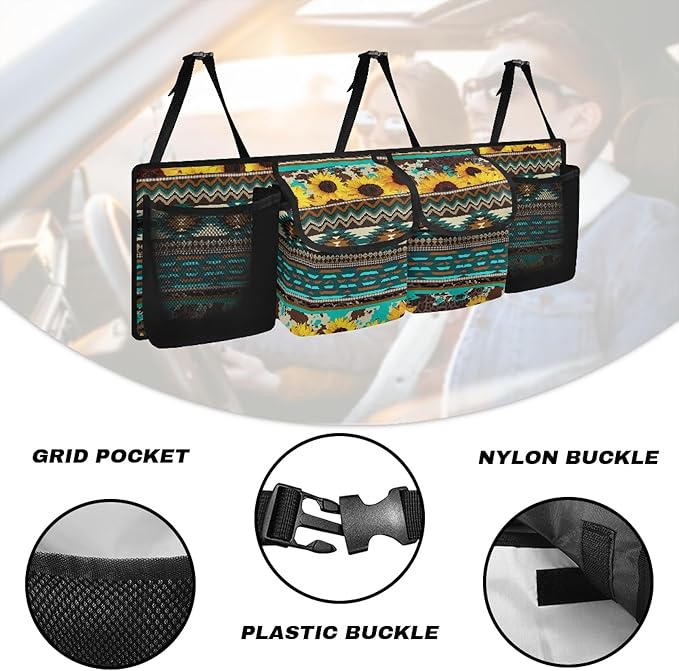 CLOHOMIN Aztec Tribal Trunk Organizer for Car Women Sunflower Car Organizer Backseat Hanging Storage Bag for SUV Vehicle Sedan Truck Foldable Car Cargo Storage Organizer