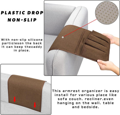 NB Sofa Armrest Organize remote holder bedside caddy organizer with 5 pockets，non-slip couch remote control holder couch armchair caddy accessories (Flaxen, 35"x12.4")