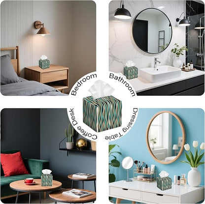 Abstract Geometric Wavy Lines Tissue Box Cover,PU Leather Tissue Box Holder Square,Modern Home Decoration for Bathroom Living Room Kitchen Office Car,5.2"×5.2"×5.2"