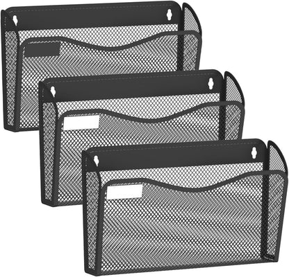 Wall File Organizer, Mesh Hanging File Organizer, Home Office Organization and Storage, 3 Single Pockets Document Magazine Rack
