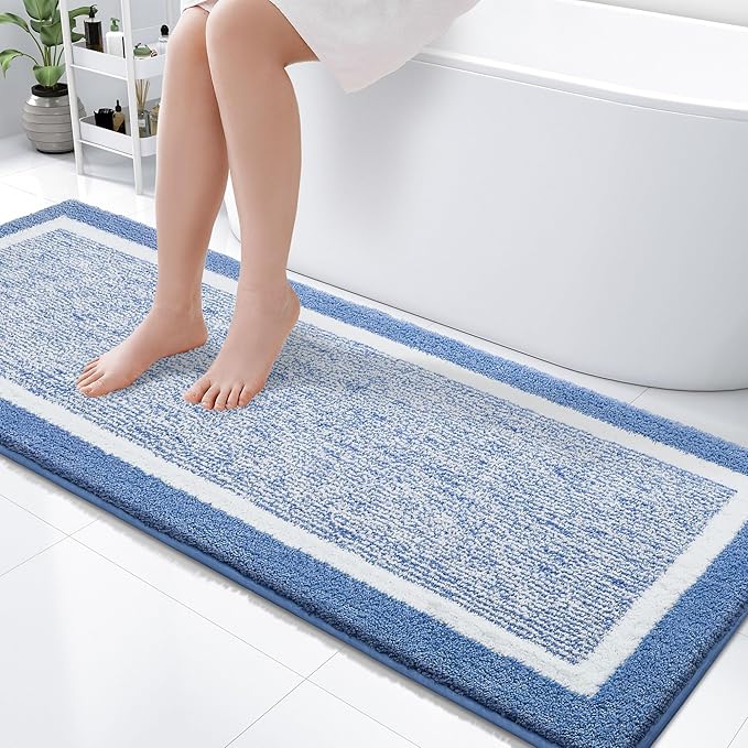 OLANLY Bathroom Rugs 59x24, Extra Soft and Absorbent Microfiber Bath Mat, Non-Slip, Machine Washable, Quick Dry Shaggy Bath Carpet, Suitable for Bathroom Floor, Tub, Shower (Long, Blue)