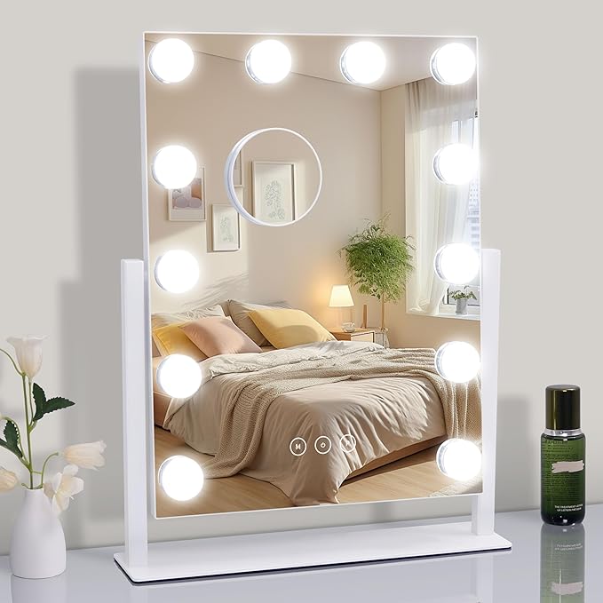 Vanity Makeup Mirror with Lights, 3 Color Lighting Modes Detachable 10X