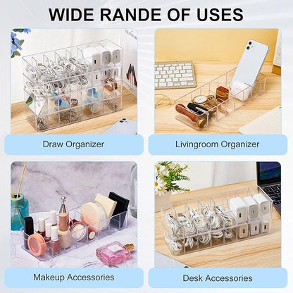 Tatuo 4 Pcs Cable Organizer with 40 Wire Ties, Plastic Cord Storage Charger Box Electronics Organizer with Adjustment Compartments Cable Storage for Drawer Home Office Desk Accessories (Clear)