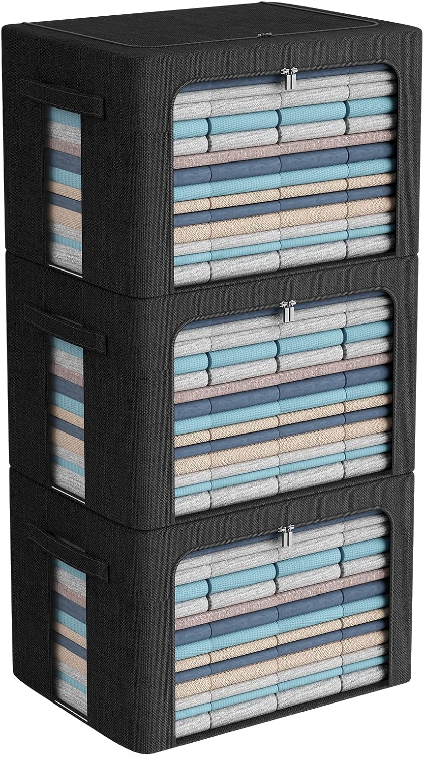 CYhom 3Pack Foldable Storage Bins - Frame Storage Box Linen Fabric Stackable Clothes Container Organizer with Clear Window & Carry Handles Large Capacity (Extra Large-100L, Black)