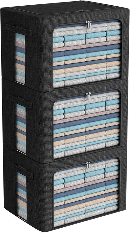 CYhom 3Pack Foldable Storage Bins - Frame Storage Box Linen Fabric Stackable Clothes Container Organizer with Clear Window & Carry Handles Large Capacity (Extra Large-100L, Black)