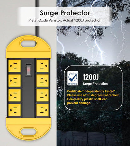 CCCEI GFCI Outdoor Power Strip Weatherproof with 8 AC, Waterproof Extension Cord with Multiple Outlets, Wall Mount Surge Protector Flat Plug, Christmas Exterior Garden, Yard, 15FT, Yellow.