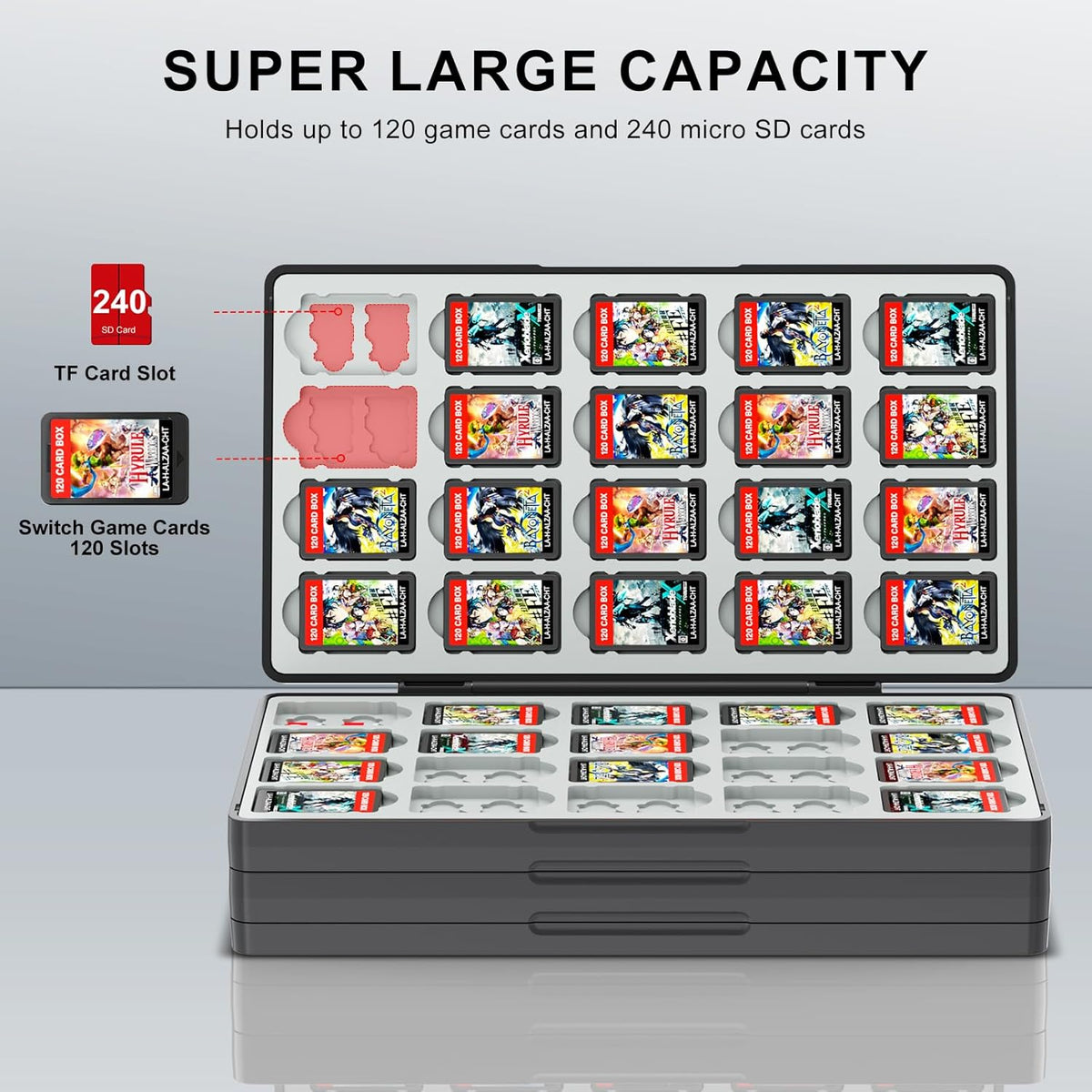 iPLYGAM Switch Game Case for Nintendo Switch 2/Switch/OLED/Lite with 120 Slots and 240 Memory Micro SD Card Storage, Portable Travel Switch Game Holder Organizer, Game Card Protective Festival Gift