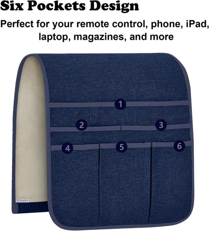 Teniux Remote Control Holder Armchair Caddy for Recliner Couch, Non-Slip Armrest Organizer with 5 Pockets for Magazine, Tablet, Phone, iPad (Blue)