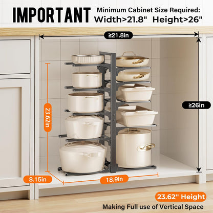 MUDEELA 10-Tier Pots and Pans Organizer under Cabinet, 23.62" Height Heavy Duty Pot and Pan Organizer Kitchen Cabinet Organization and Storage, Adjustable Pot Rack for Frying Pan, Cast Iron Skillet