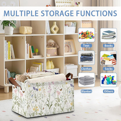 Wildflowers Butterfly Storage Baskets,Plants Botanical Foldable Large Capacity Organizer Bins with Waterproof Lining and Leather Handles for Closet,Shelf,Bedroom 17x11.5x10Inch