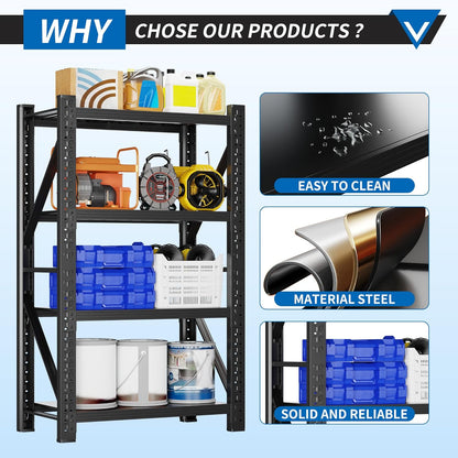 3000LBS Garage Shelving 32" W Garage Shelving Heavy Duty 4-Tier Metal Storage Shelves Adjustable Shelf Unit Storage Rack for Basement Supermarket Warehouse 32" W x 20" D x 78" H Black