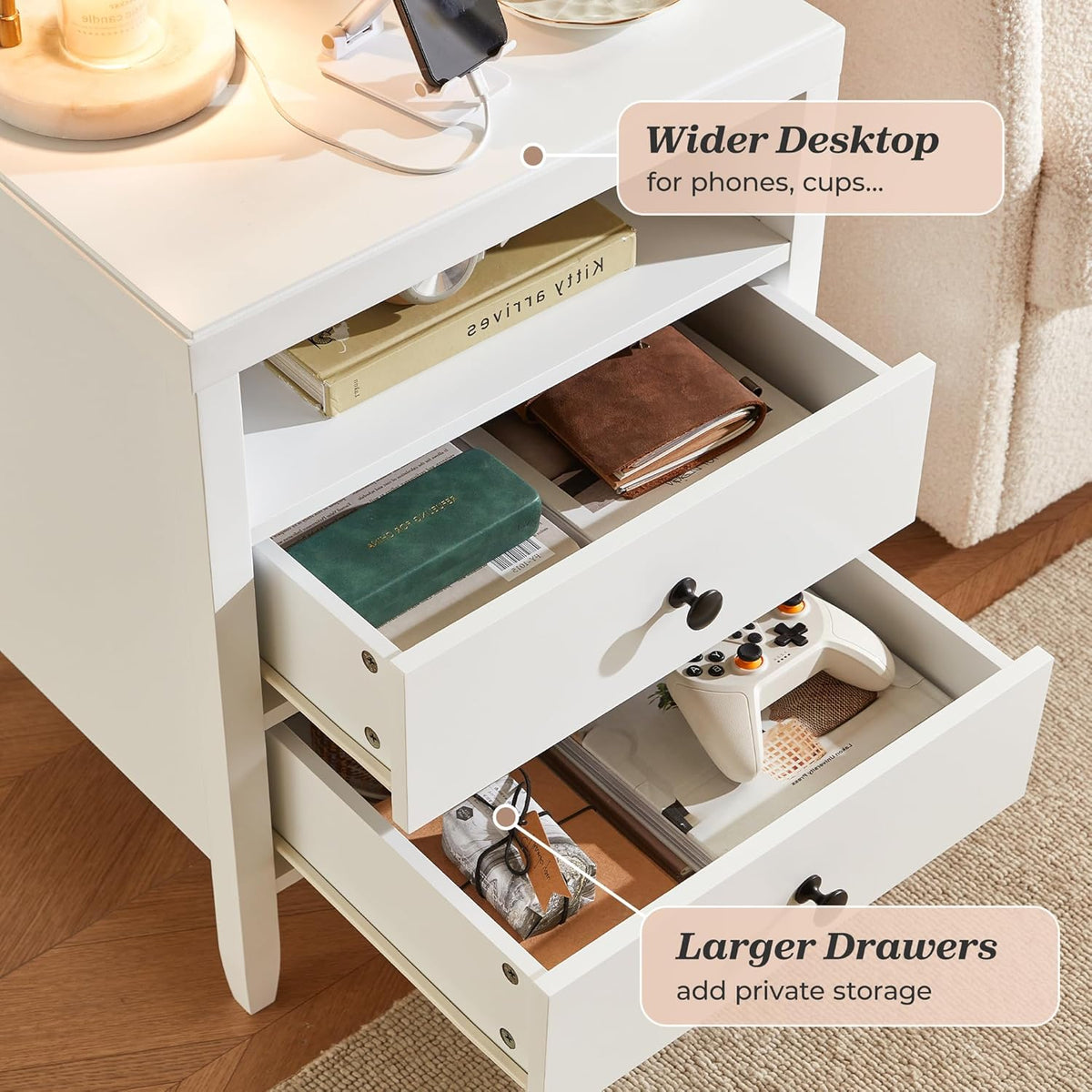 Huuger Nightstand with Charging Station, White Nightstand with 2 Drawers, Bed Side Table for Bedroom, Bedside Table with Storage, Modern Nightstands, Metal Knobs, Painted Surface