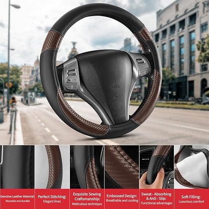 Non-Slip Car Nappa Leather Steering Wheel Cover,Universal Car Accessories Women Men Fit 14" 1/2-15" Suvs/Vans/Sedans/Cars/Trucks,Brown
