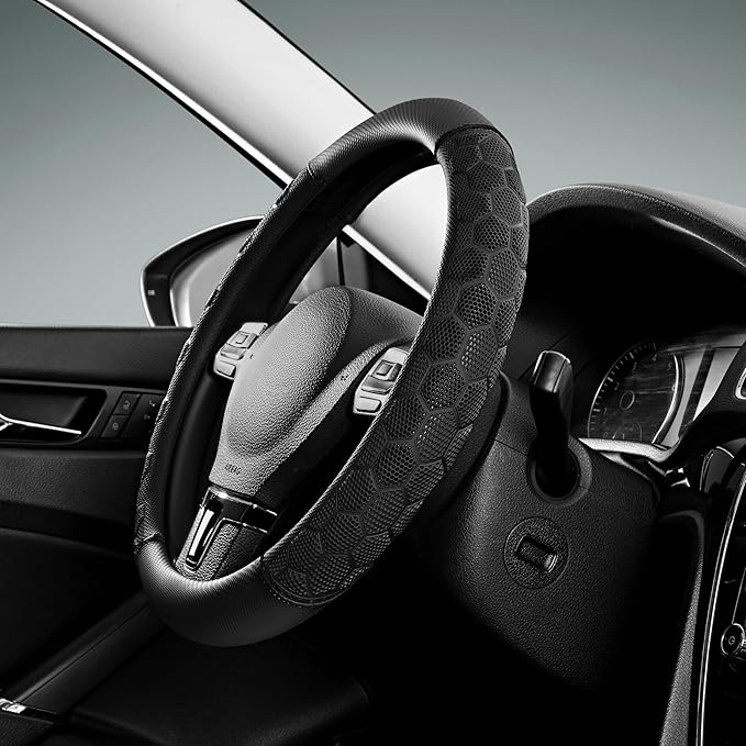 PIC AUTO Massage Steering Wheel Cover, Black Football Pattern Material Spliced Leather Car Steering Wheel Protector, Car Interior Accessories, Universal Fit 14.5"-15.5" for Cars, Trucks, Van, SUV