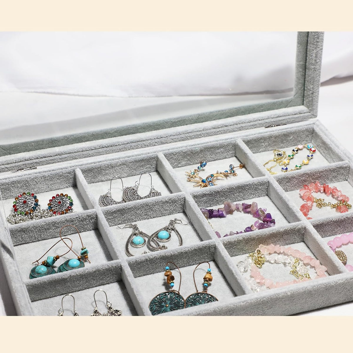 Stratalife Jewelry Holder Organizer Jewelry Organizer Box Bracelet Storage Velvet Jewelry Tray with Clear Lid Jewelry Drawer Organizer Jewelry Display Tray 12 Grid Grey