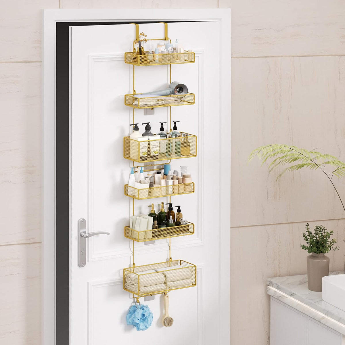 HapiRm Over Door Organizer Storage - Separable Door Organizer Hanging with 6 Metal Large Capacity Baskets for Bathroom Bedroom Kitchen Pantry Closet (Gold)