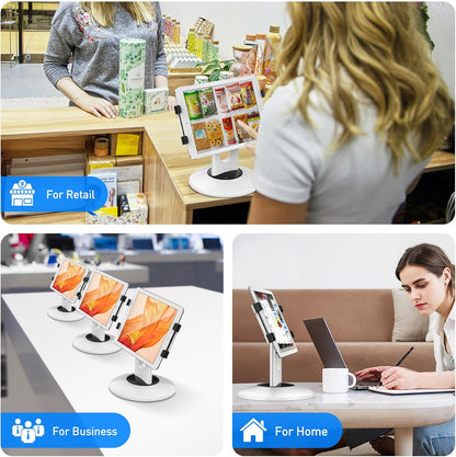 AboveTEK Retail Kiosk iPad Stand, 360° Rotating Commercial POS Tablet Stand, Fits 6"-13" (Screens) iPad mini Pro-Business Swivel Tablet Holder, for Store Office Reception Kitchen Desktop (White)
