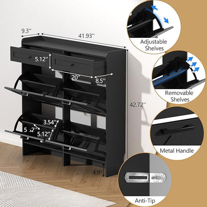 Shoe Cabinet with 4 Flip Drawers & 2 Storage Drawers, Rustic Farmhouse Narrow