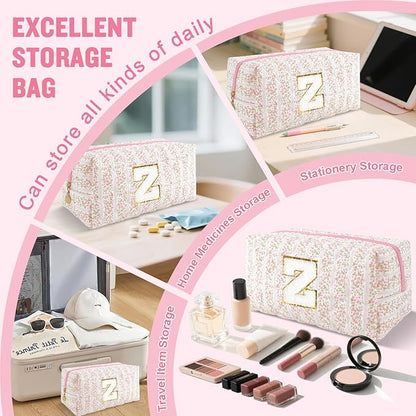 Personalized Quilted Cosmetic Bag, Puffy Monogrammed Christmas Birthday Gifts for Women & Girls, Cute initial Floral Makeup Bag Puffer Coquette Bag, Aesthetic Travel Toiletry Zipper Pouch(Pink,Z)