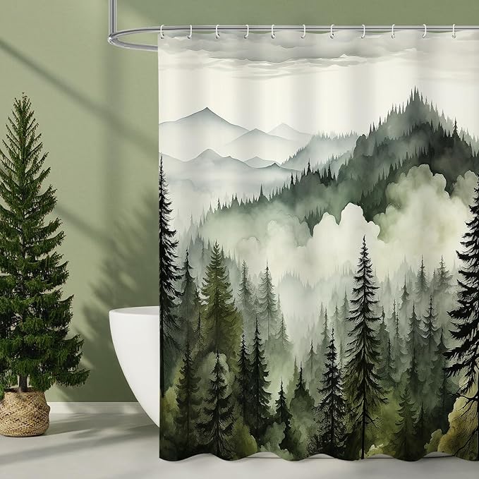 Litabel Dark Green Extra Long Misty Pine Forest Shower Curtain 72 x 84, XL Mountain Foggy Woodland Scenery Tree Shower Curtains for Bathroom, Abstract Waterproof Nature-Themed Decor