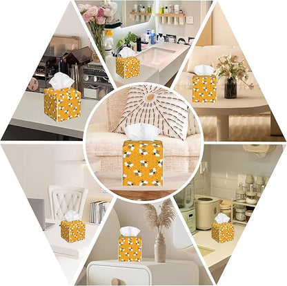 BLYKVGHQ Bee and Honeycomb Tissue Box Cover Square, Tissue Box Holder with Bottom Belt Leather Facial Paper Organizer Dispenser for Bathroom Bedroom Dresser Night Stand Tabletop