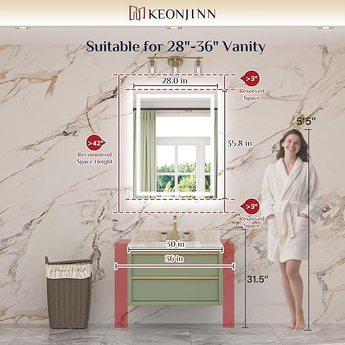 Keonjinn LED Bathroom Mirror 28" x 36", Frontlit & Backlit Bathroom Vanity