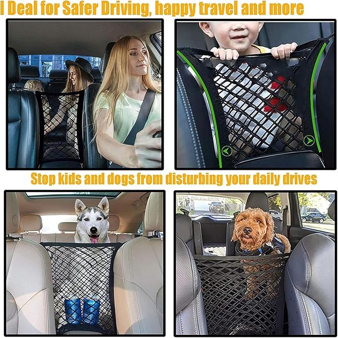 DYKESON Dog Car Net Barrier Pet Barrier with Car Mesh Organizer for Dog & Child, Safety Divider with Storage Pouch, Easy Install for Cars & SUVs