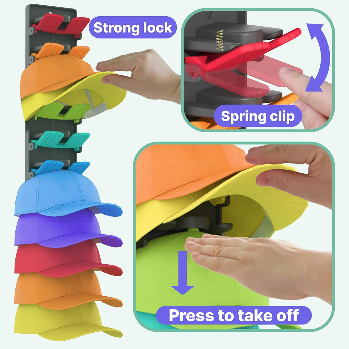 Hat Organizer for Baseball Caps 2 Packs with Built-in Spring Clips - Wall Mount Closet Hat Rack Holder, Adjustable Storage for Door/Closet Display Hat Racks Hanger (Strong Adhesive & Screws)