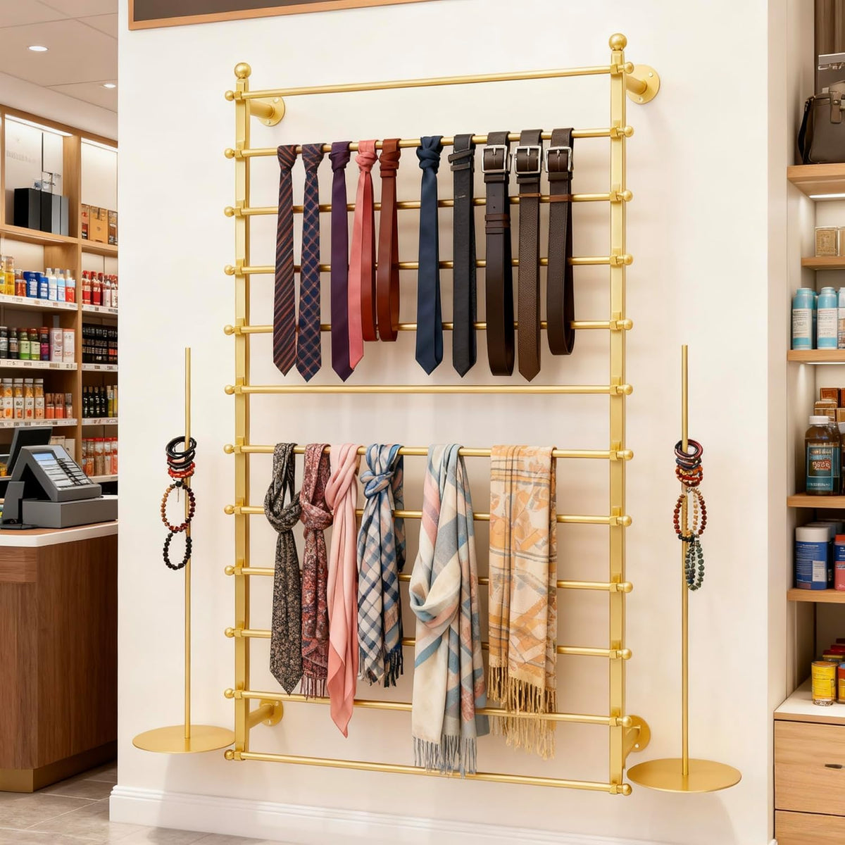 12 Layers Gold Wall Display Stand Wrapping Paper Ribbon Organizer Tie Scarf Rack Belt Towel Holder Spool Hijab Stand Metal Shelving for Home, Retail Stores, Flower Shop, Studio, Sewing-80cm