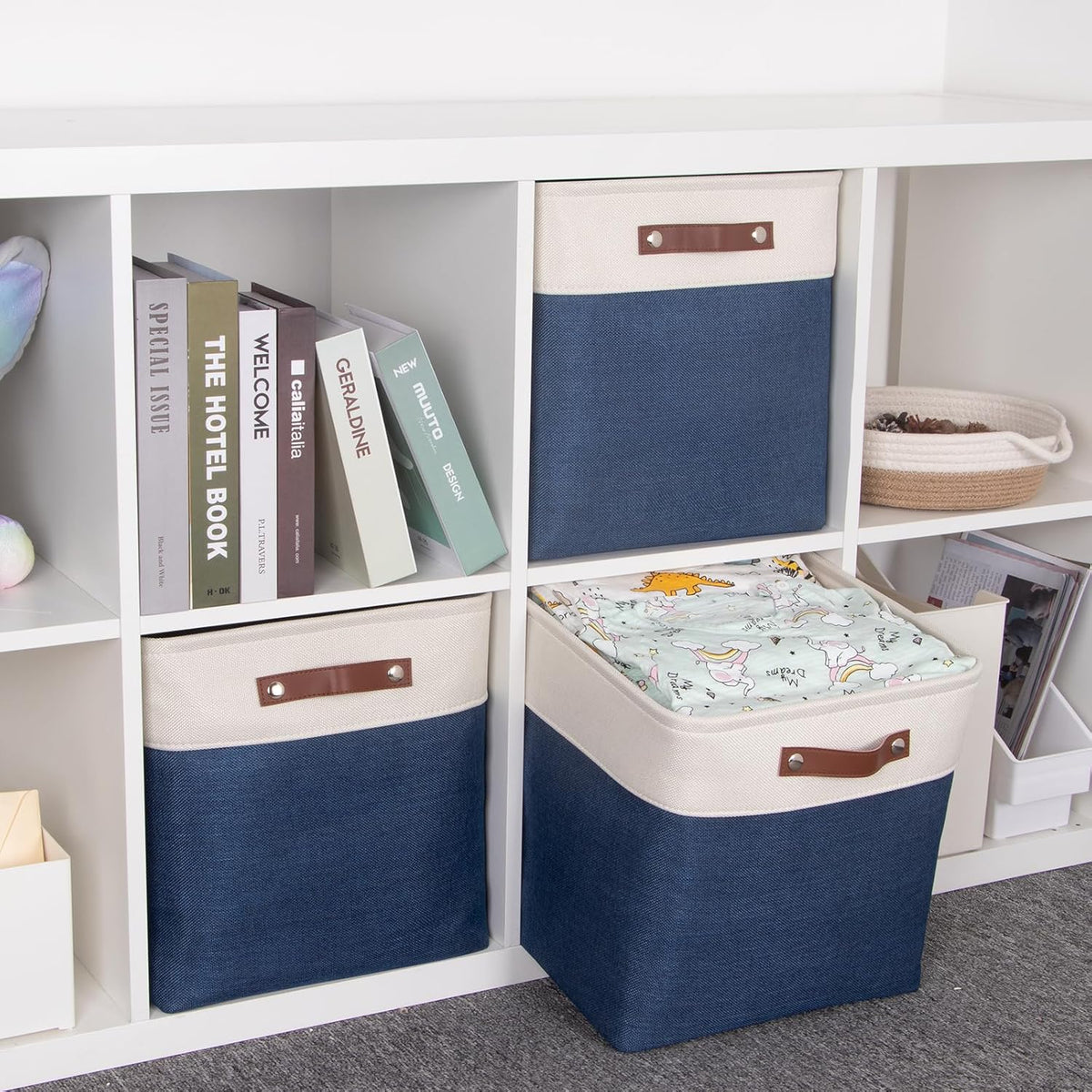 HNZIGE Baskets Fabric Storage Cubes Bins Baskets(3 Pack) Storage Baskets Cube for Shelf, Large Collapsible Organizer Closet Baskets,13x13 Toy Baskets with Leather Handle(White&Blue)