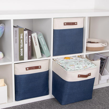 HNZIGE Baskets Fabric Storage Cubes Bins Baskets(3 Pack) Storage Baskets Cube for Shelf, Large Collapsible Organizer Closet Baskets,13x13 Toy Baskets with Leather Handle(White&Blue)
