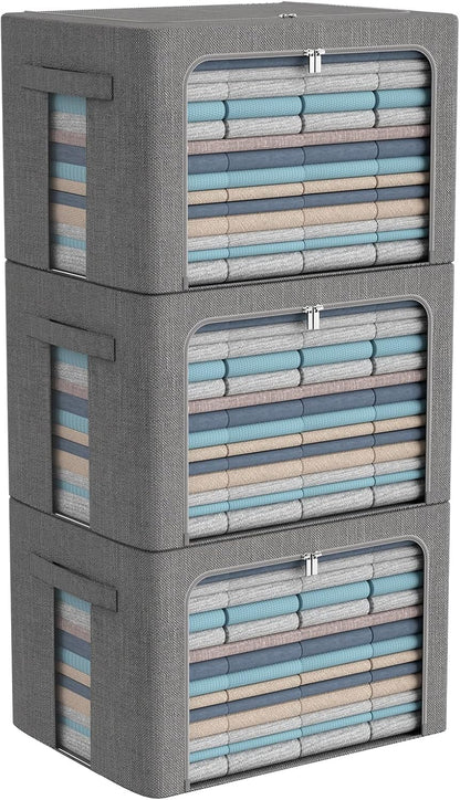 CYhom 3Pack Foldable Storage Bins - Frame Storage Box Linen Fabric Stackable Clothes Container Organizer with Clear Window & Carry Handles Large Capacity (Large-66L, Dark Gray)
