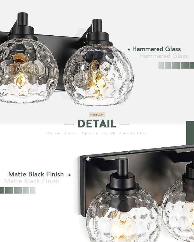 METWET Bathroom Light Fixtures Over Mirror, 3-Light Matte Black Vanity Light