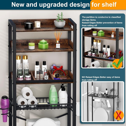 Over The Toilet Storage Cabinet,4 Tier Bathroom Organizers and Storage With Adjustable Shelf Waterproof Feet Pad and Basket ,Multifunctional Space Saver Freestanding Bathroom Shelves With Dividers