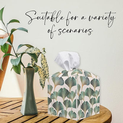 Ginkgo Leaves Square Tissue Box Holder Cover, Tissue Cube Box Organizer for Bathroom, Living Room, Office, Countertop, Car, Night Stands, Modern Home Desk Tabletop Decor - A04