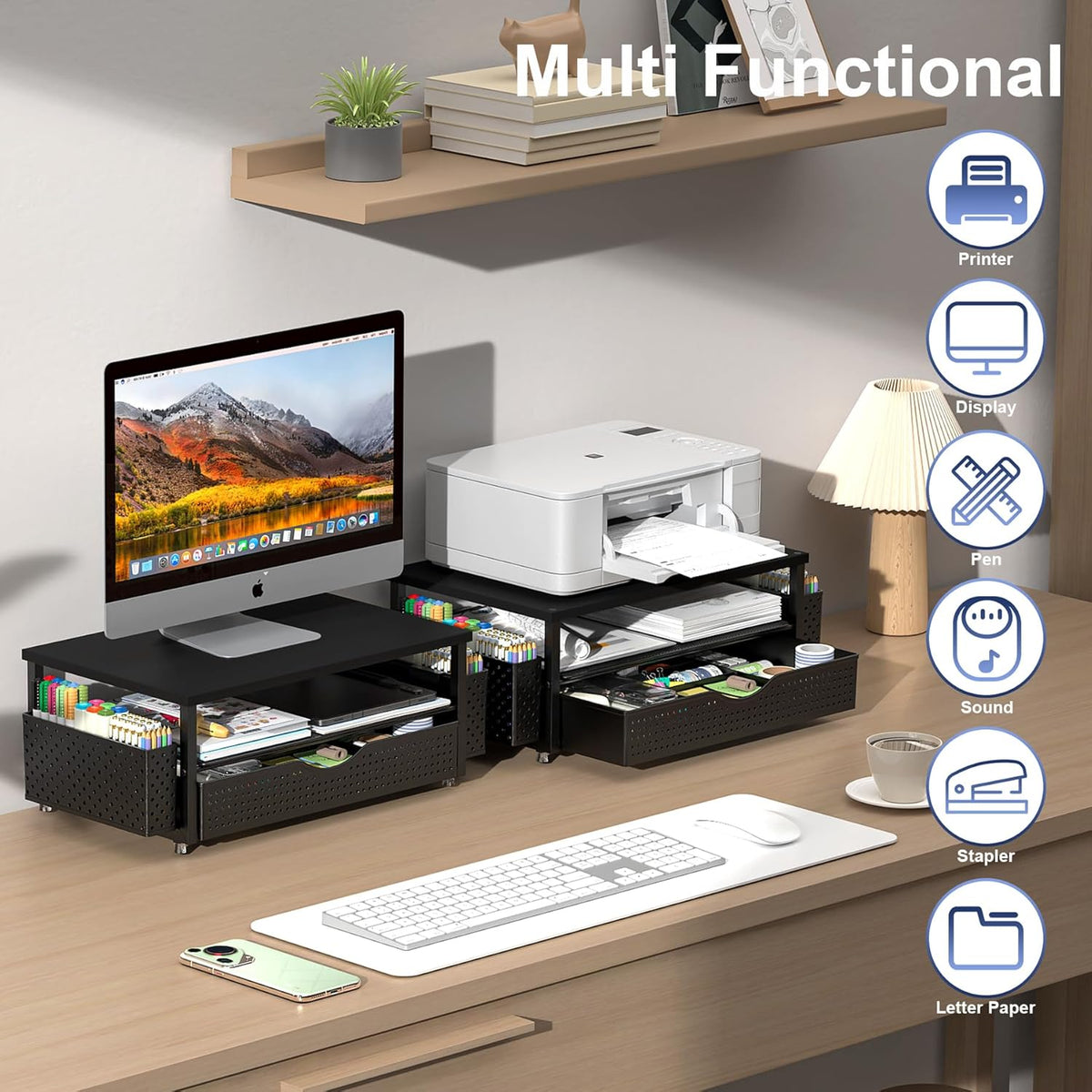 Spacrea Desk Organizer and Accessories, Computer Monitor Stand Riser with Drawer and 2 Pen Holders, Office Desk Accessories & Workspace Organizers for Office Supplies (Black)