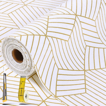 Gold and White Shelf Liners for Kitchen Cabinets Non Adhesive Cabinet Liner Strong Non-Slip Thickened Easy to Clean for Shelf Cabinet with Knife and Tape Measure