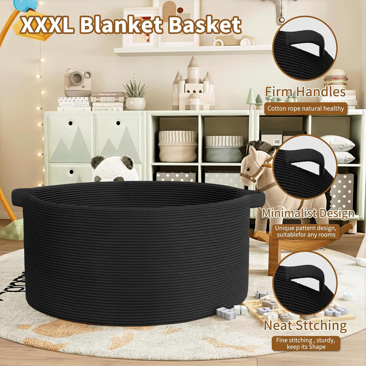 125L Extra Large Blanket Basket, 25" x 16", Jumbo Laundry Woven Baskets Decorative Home, Cotton Rope Basket with Handles, Baby Toy Baskets for Storage, Black