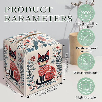Cat Tissue Box Holder, Nordic Cat Leather Tissue Box Cover Square, Paper Napkins Everyday Dispenser Accessories for Bathroom Vanity Countertop Night Stands Kitchen Office Car Home Decor