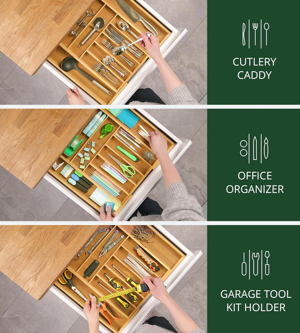 ROYAL CRAFT WOOD Luxury Bamboo Kitchen Drawer Organizer - Silverware Organizer, Utensil Holder & Cutlery Tray Drawer Dividers for Flatware (9 Slot, Natural)