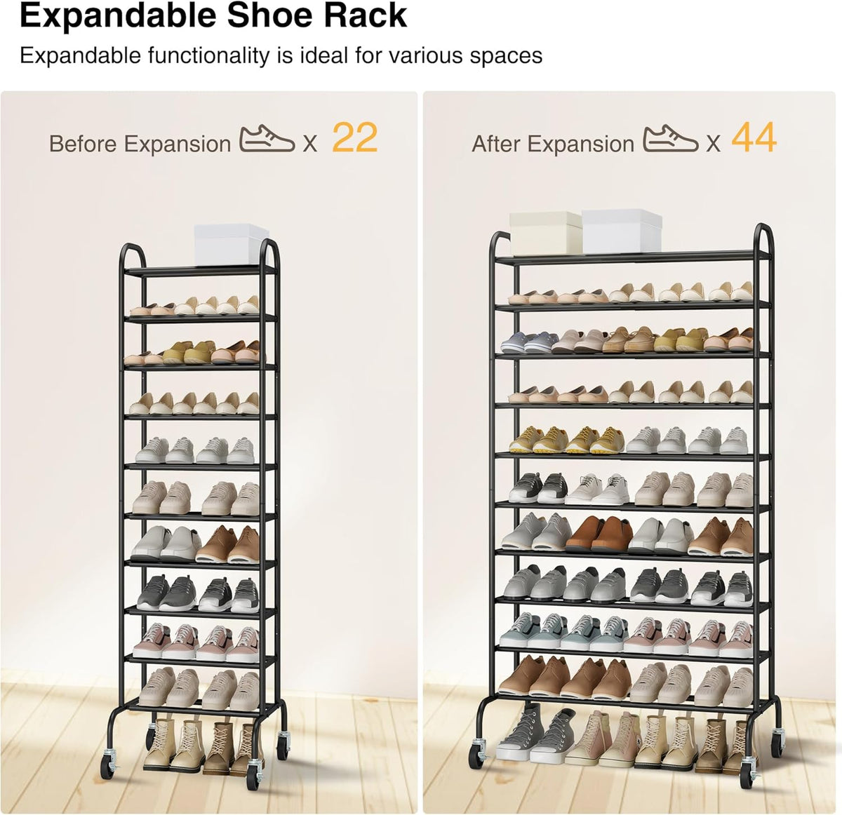 STO STO Expandable Shoe Rack, 10-Tier Metal Tall Shoe Rack for Garage, Up to 44 Pairs Adjustable Shoe Rack Storage for Front Door Entrance, Free Standing Shoe Rack Organizer for Entryway, Black