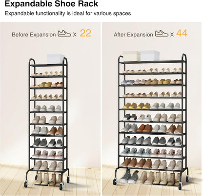 STO STO Expandable Shoe Rack, 10-Tier Metal Tall Shoe Rack for Garage, Up to 44 Pairs Adjustable Shoe Rack Storage for Front Door Entrance, Free Standing Shoe Rack Organizer for Entryway, Black
