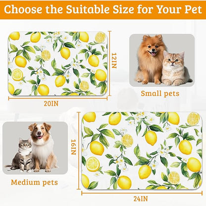 Lemon Feeding Mat,Green Leaves Absorbent Quick-Dry Cat Dog Food and Water Bowl Mats,Non-Slip Rubber Backing Mat,Cat Dog Accessories Supplies 12" x 20"
