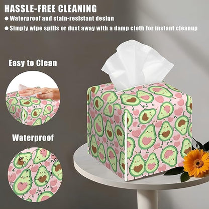Leather Tissue Box Holder Avocado and Heart Tissue Box Cover Facial Paper Case Organizer Cube Napkin Dispenser for Bathroom Vanity Countertop Night Stand Office Car