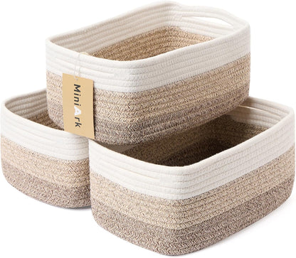 Small Storage Baskets for Organizing | Closet Organizer Bins | Shelf Toy Basket | Woven Rope Baskets | Cube Decorative Box | Shallow Basket | 13x8.5x5.1” | 3 Packs Gradient Brown