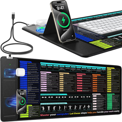 Mouse Pad for Excel/Word/PowerPoint/Windows Shortcut Keys, Desk Pad with Wireless Charger Phone Stand, XXL Large Excel Cheat Sheet Mousepad | PC Office Spreadsheet Desk Mat | Non-Slip Stitched Edge