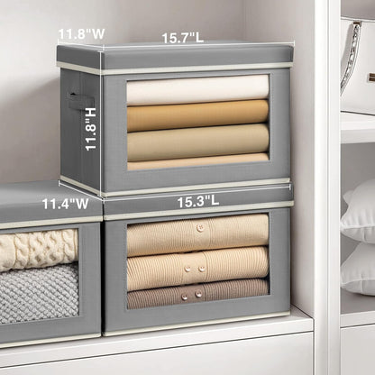 Stackable Storage Bins with Lids - Large Decorative Basket with Lids, Fabric Foldable Closet Organizer Bins, Shelf Organizer for Living Room, Dorm, 5 Pack, Grey