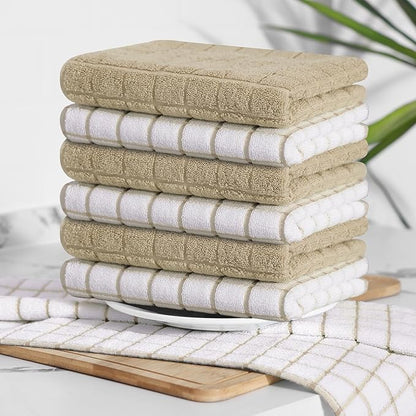 Homaxy Premium Cotton Kitchen Towels 16"x 28", Large Natural Ring Spun 390 GSM Dish Towels, Super Absorbent Terry Kitchen Hand Towels, Soft Tea Towels with Hanging Loop, Tan Check Design, 12 Pack
