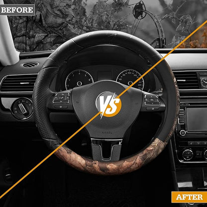 Mossy Oak Full Camo Steering Wheel Cover - Made from Premium Leather, Universal Fit for 14 1/2 to 15 inches - Official Licensed Product - Black Color