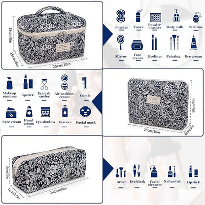 Gosect Makeup Bag Set, Quilted Makeup Bag, Large Floral Cosmetic Bag for Women, Cute Cotton Makeup Bags, Flower Travel Toiletry Organizer Bag (Black Rose Flower)
